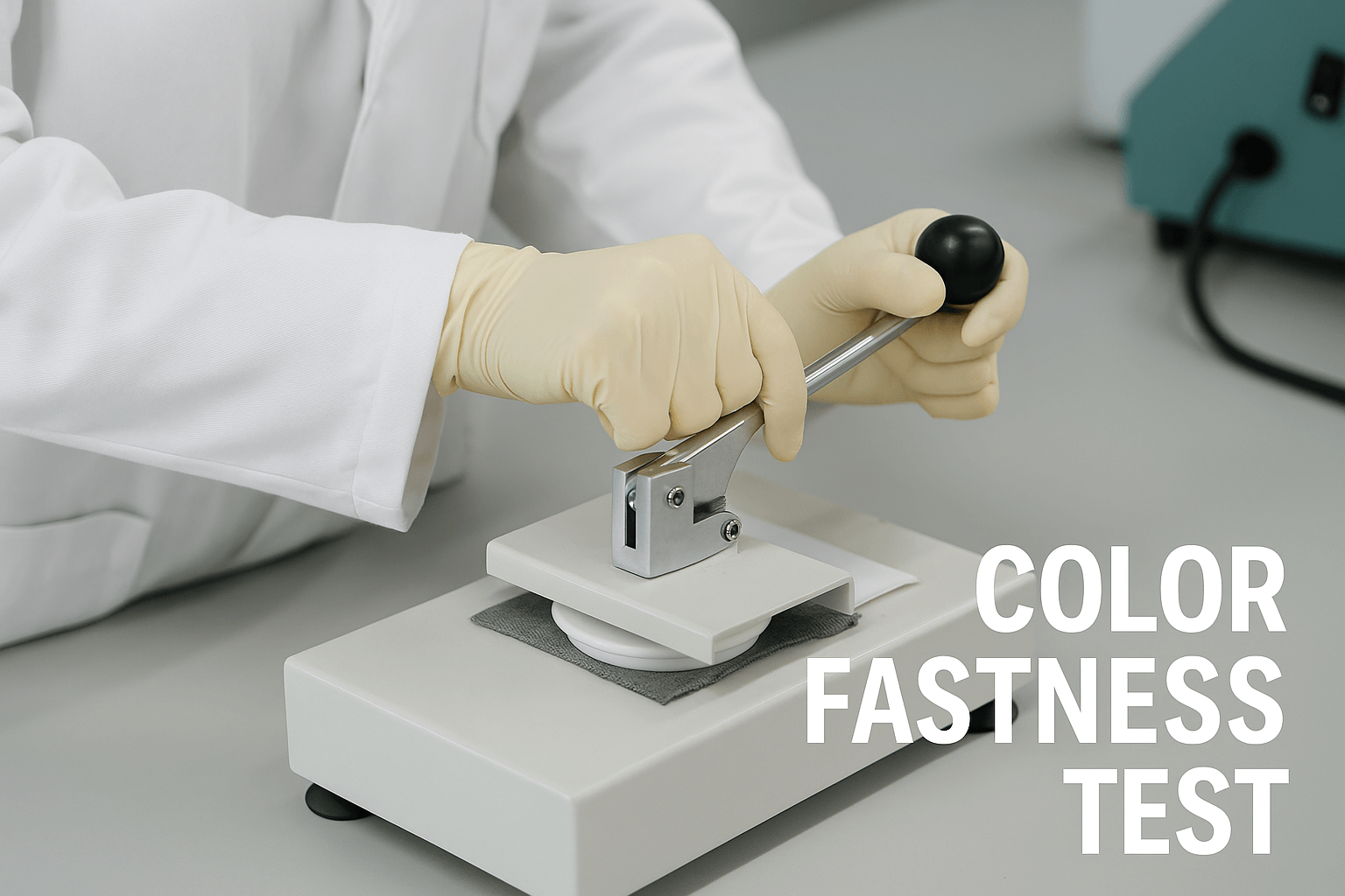A lab technician using a Crockmeter to perform a color fastness test.